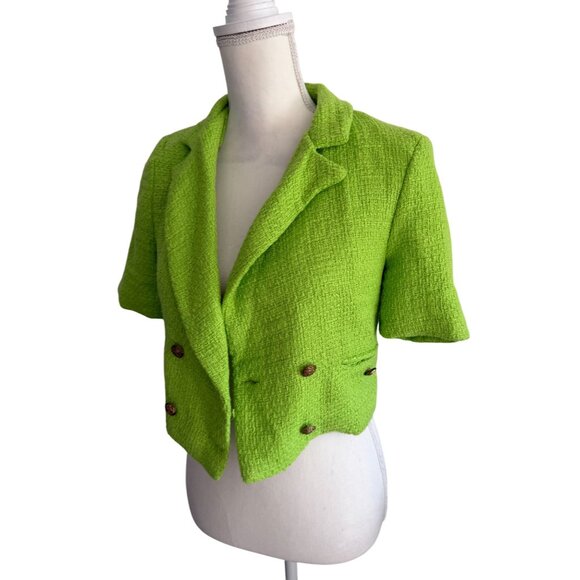 INDEFEIR Lime Green Boucle Crop Blazer Jacket Size XS - Picture 6 of 7